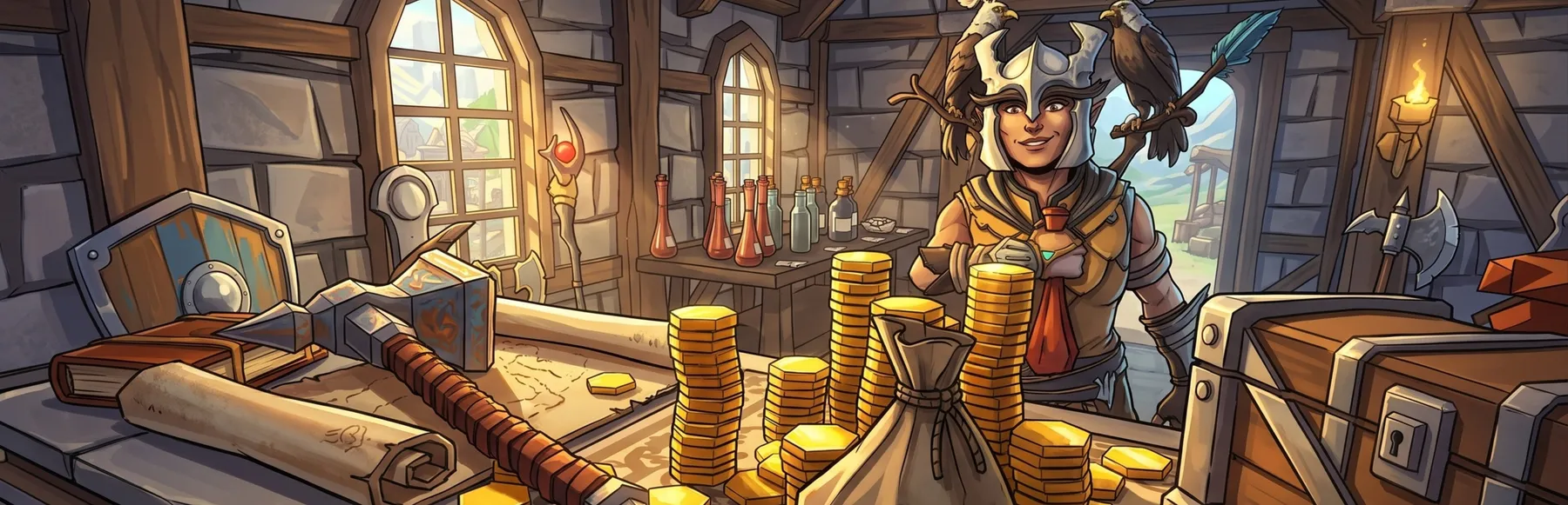 Fell & Sell merchant and monsters in official game key art